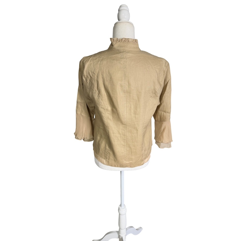 Multiples Linen Military Jacket Petite Medium Beige Ruffle Trim Open Front - Picture 2 of 5